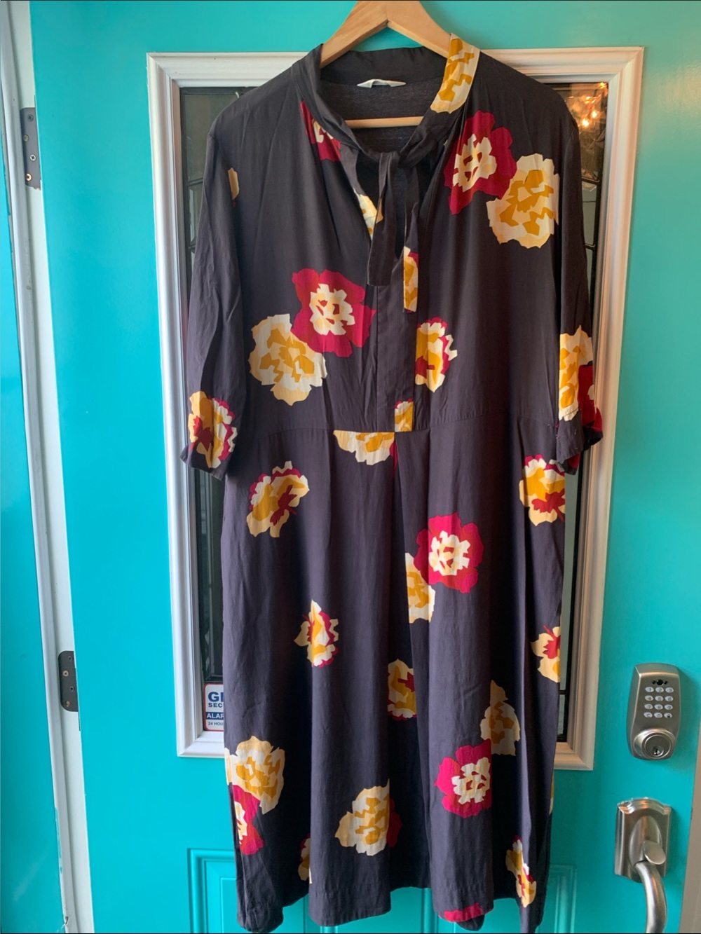 Blue/Black Floral Tie-Neck Midi Dress with Yellow & Magenta Blooms